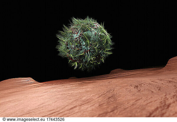 Three dimensional render of green floating virus cell
