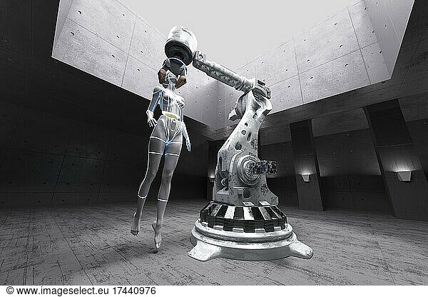 Three dimensional render of gynoid held by large robotic arm