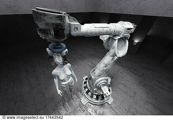 Three dimensional render of gynoid held by large robotic arm