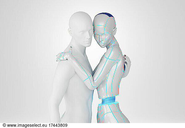 Three dimensional render of gynoid leaning on male mannequin