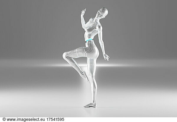 Three dimensional render of gynoid standing on one leg against white background