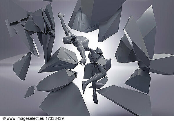 Three dimensional render of human breaking down into pieces symbolizing psychological trauma