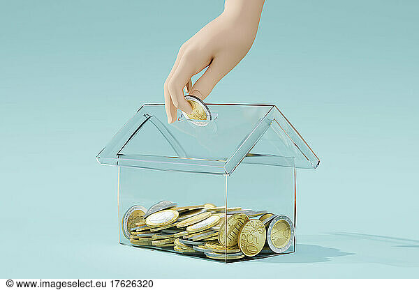 Three dimensional render of human hand inserting Euro coin into transparent house shaped coin bank