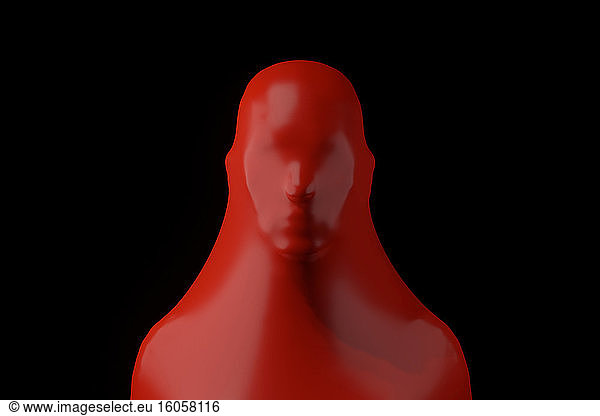 Three dimensional render of human head wrapped in red plastic foil