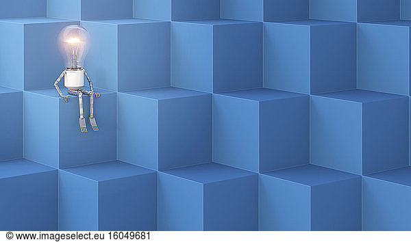Three dimensional render of humanoid light bulb sitting on cubes