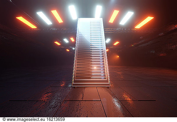 Three dimensional render of illuminated server room