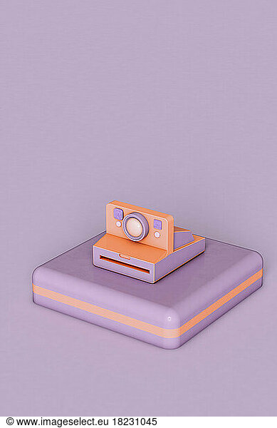 Three dimensional render of instant camera on pedestal lying against purple background