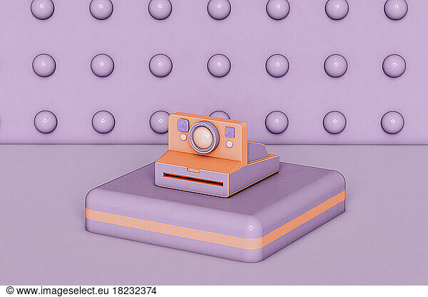 Three dimensional render of instant camera on pedestal lying against purple background