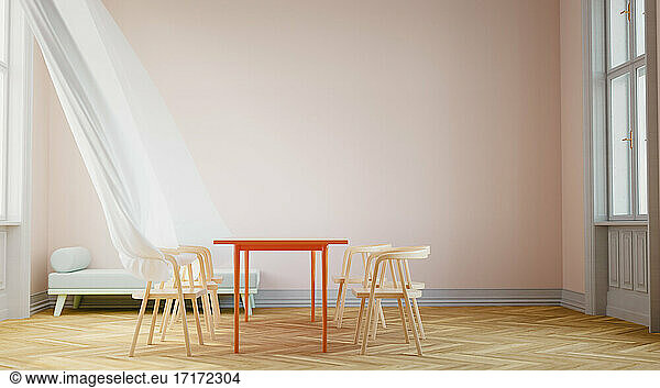 Three dimensional render of interior of almost empty room with blowing curtain