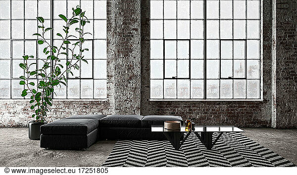 Three dimensional render of interior of industrial loft with sofa  coffee table and chevron pattern rug