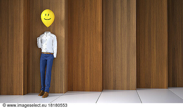 Three dimensional render of invisible person holding balloon with happy face