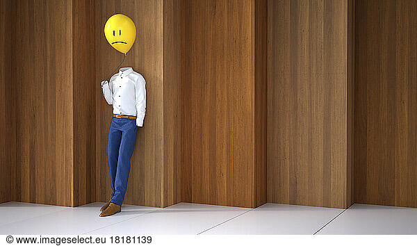 Three dimensional render of invisible person holding balloon with sad face