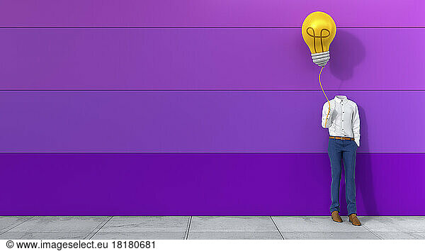 Three dimensional render of invisible person holding light bulb shaped balloon
