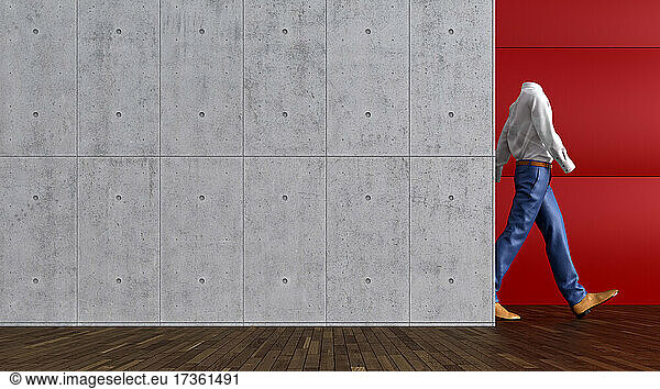 Three dimensional render of invisible person walking past concrete wall