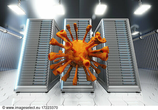 Three dimensional render of large virus cell floating in front of network server towers standing in server room