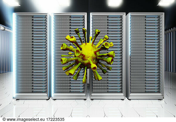 Three dimensional render of large virus cell floating in front of network server towers standing in server room
