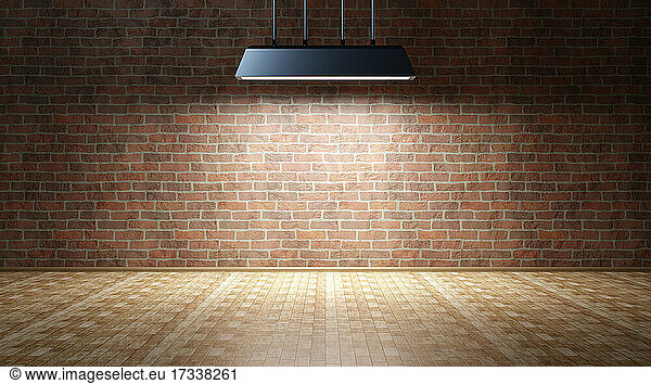 Three dimensional render of light fixture hanging in empty room with brick wall