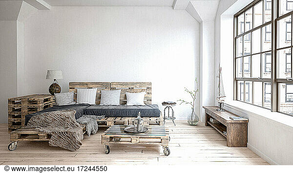 Three dimensional render of living room with furniture made of wooden pallets