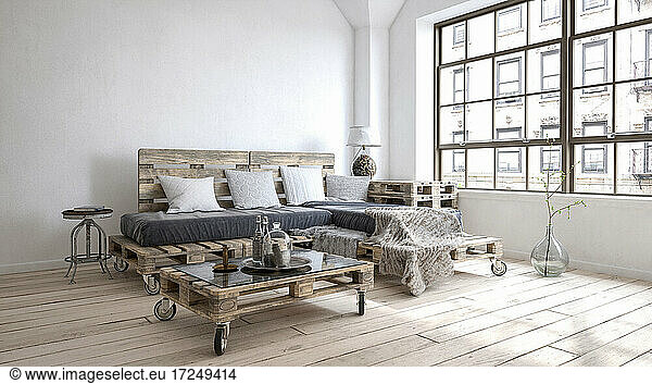 Three dimensional render of living room with furniture made of wooden pallets