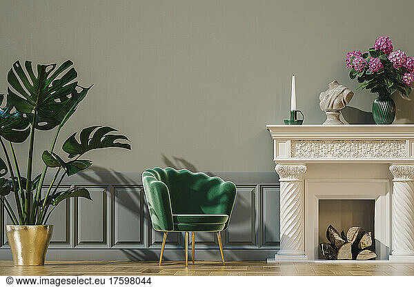 Three dimensional render of living room with single chair  potted plant  wall panels and fireplace