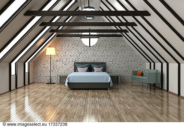 Three dimensional render of loft apartment with bed  floor lamp and sofa