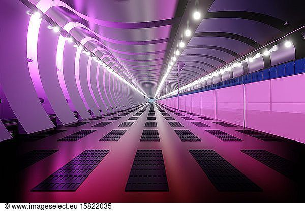 Three dimensional render of long futuristic corridor