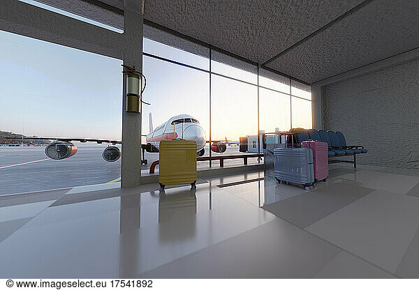 Three dimensional render of luggage left at airport with airplane waiting in background