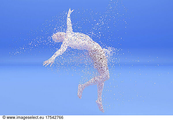 Three dimensional render of male character dissolving into particles