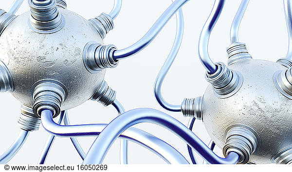 Three dimensional render of metal spheres connected with multiple tubes