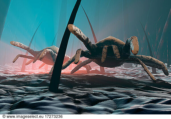 Three dimensional render of mites crawling between hair on human scalp