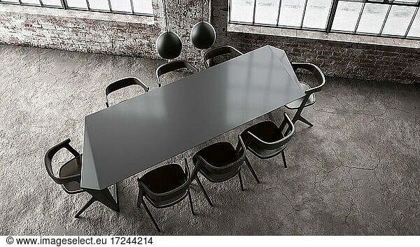Three dimensional render of modern dining table inside industrial loft