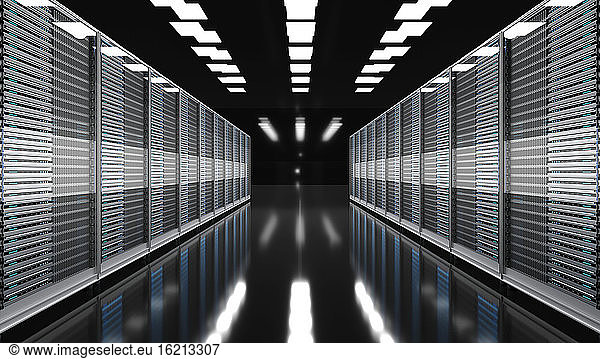 Three dimensional render of modern server room