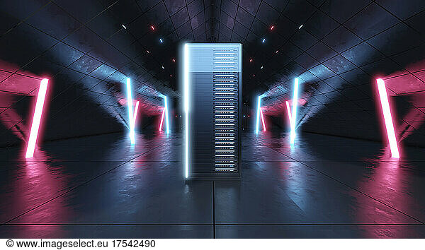 Three dimensional render of network server standing inside dark room illuminated with blue and pink neon lights