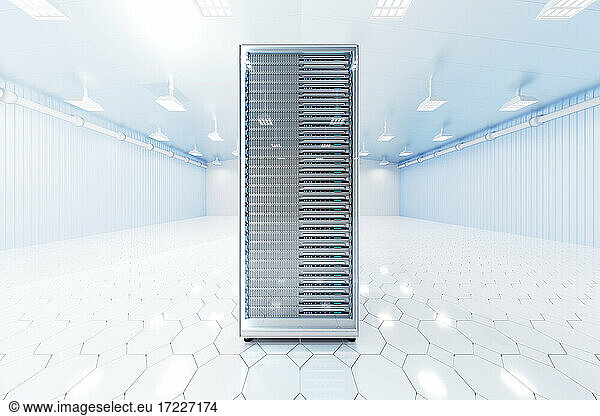 Three dimensional render of network server tower standing inside brightly lit server room