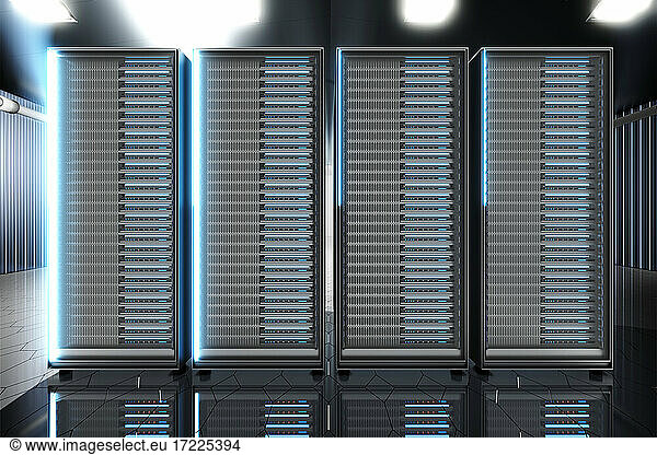 Three dimensional render of network server towers standing in server room