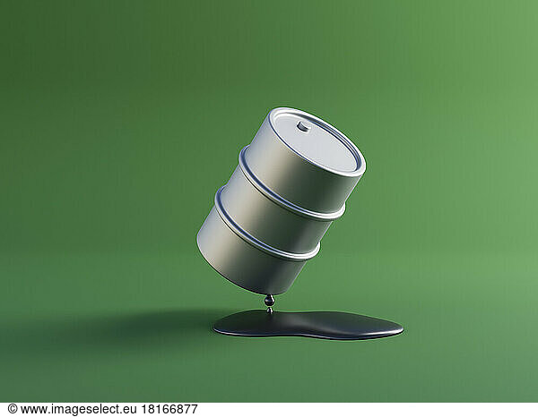 Three dimensional render of oil drum leaking oil