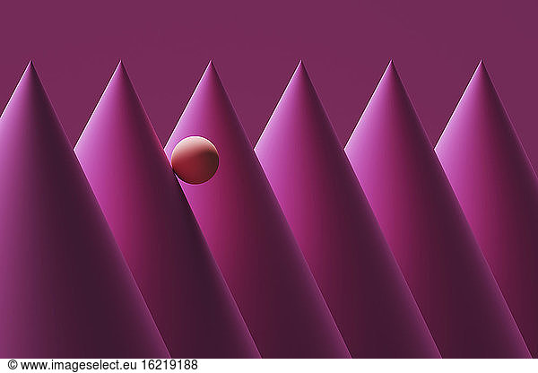Three dimensional render of orange sphere rolling down pink cones