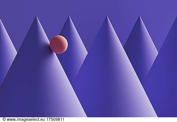 Three dimensional render of orange sphere rolling down purple cones