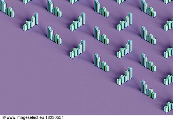 Three dimensional render of pastel colored bar graphs standing against purple background