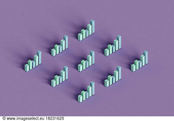 Three dimensional render of pastel colored bar graphs standing against purple background
