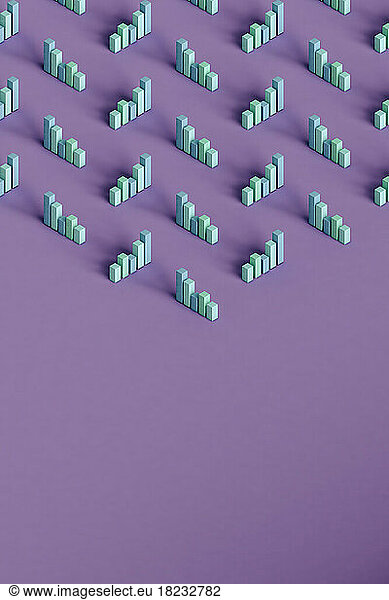 Three dimensional render of pastel colored bar graphs standing against purple background