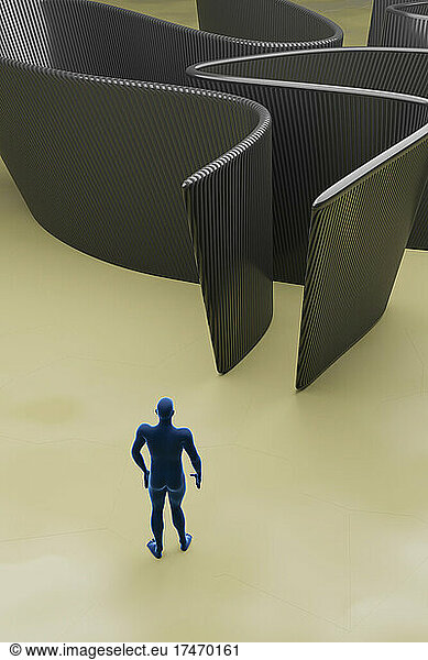 Three dimensional render of person standing in front of entrance of small wavy corridor