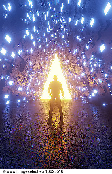 Three dimensional render of person standing in front of triangle shaped glowing gate
