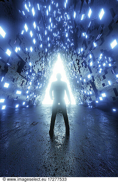 Three dimensional render of person standing in front of triangle shaped glowing portal