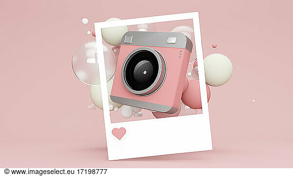 Three dimensional render of picture of old-fashioned camera floating with various bubbles against pink background