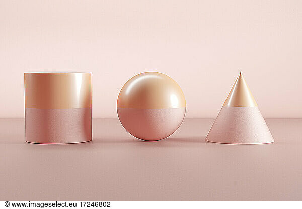 Three dimensional render of pink and orange sphere  cone and cylinder