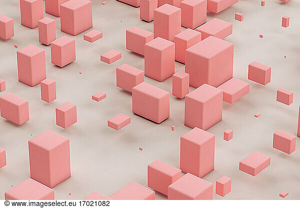 Three dimensional render of pink cuboids floating against gray background
