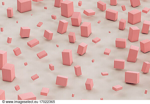 Three dimensional render of pink cuboids floating against gray background