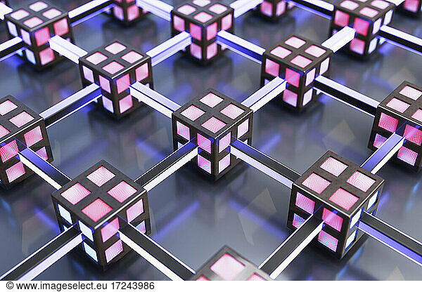 Three dimensional render of pink interconnected cubes creating mapped network
