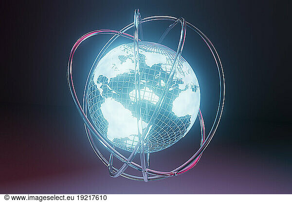 Three dimensional render of planet Earth resembling atom